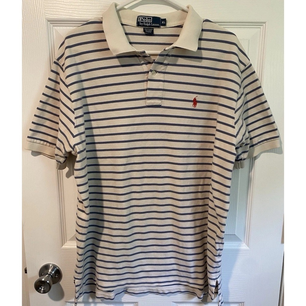 Vintage Polo Ralph Lauren Men's Beige Blue Striped Short Sleeve Polo Shirt XL